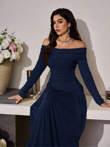 Modelyn 女式长款露肩浪漫优雅褶饰修身喇叭下摆时尚连衣裙，春夏 - 藏蓝色 - 查看 1