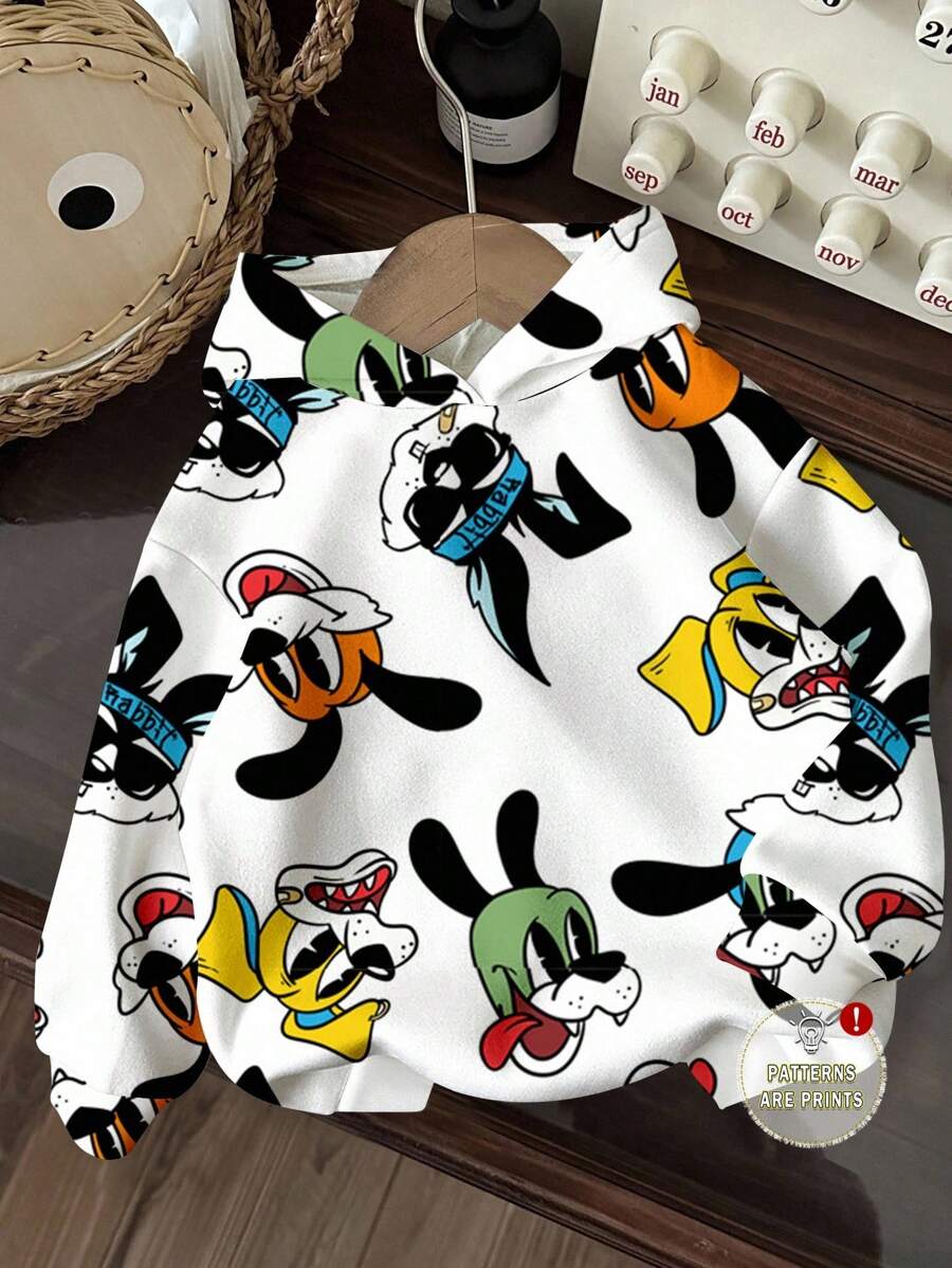 SHEIN 男童休闲简约卡通兔子图案宽松柔软针织连帽套头衫，适合秋冬季 - 白色 - 查看 1