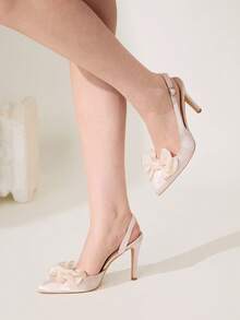 CUCCOO CHICEST Women's Elegant Pointed Toe Satin Backless High Heel Pumps With Floral Decor, Comfortable For Work, Wedding And Formal Occasions - Pink - View 7