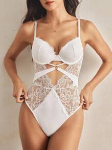 Charlaine 对比色蕾丝镂空钢圈连体衣内衣 - 白色 - 查看 4