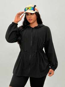 SHEIN EZwear 秋冬大码女式束腰纯色夹克 - 黑色 - 查看 6