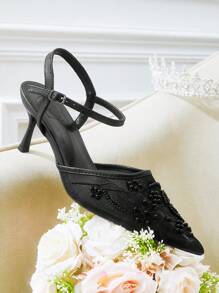 CUCCOO HITCHD Women's Embroidered Lace Beaded Floral Pointed Toe Stiletto High Heel Shoes, Elegant Romantic Sexy Black Mesh Lace High Heels, Formal Dress Shoes For Wedding, Party, Cocktail, Prom For Christmas Elegant Shoes Wedding Shoes Summer Shoes Bride Shoes - Black - View 7