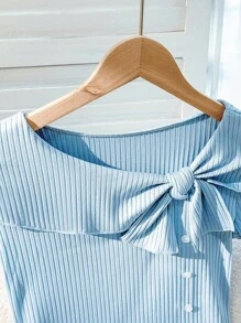 SHEIN CURVE+ 女式加大码夏季扭纹设计纽扣前短袖休闲上衣 - 藍色 - 查看 6