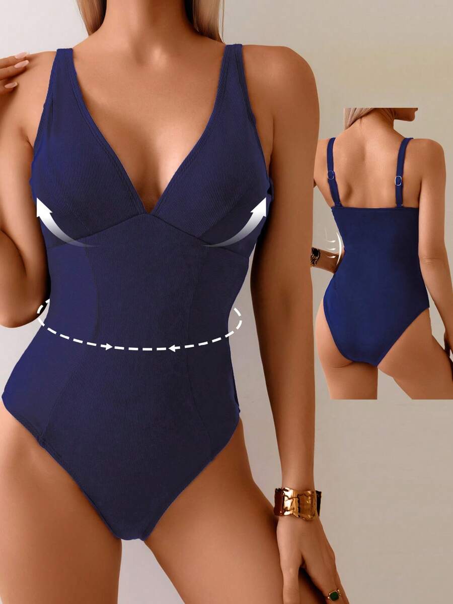 Shapewave 1 件女士优雅纯色罗纹面料连体泳衣，时尚简约，适合海滩、夏季 - 藏蓝色 - 查看 1