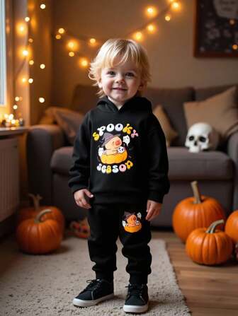 SHEIN Persoplay Kids Young Boys' Hoodie Set, Ghost & Cartoon Print Pattern, Casual Comfortable Hoodie Outfit For Halloween Party Or Outdoor