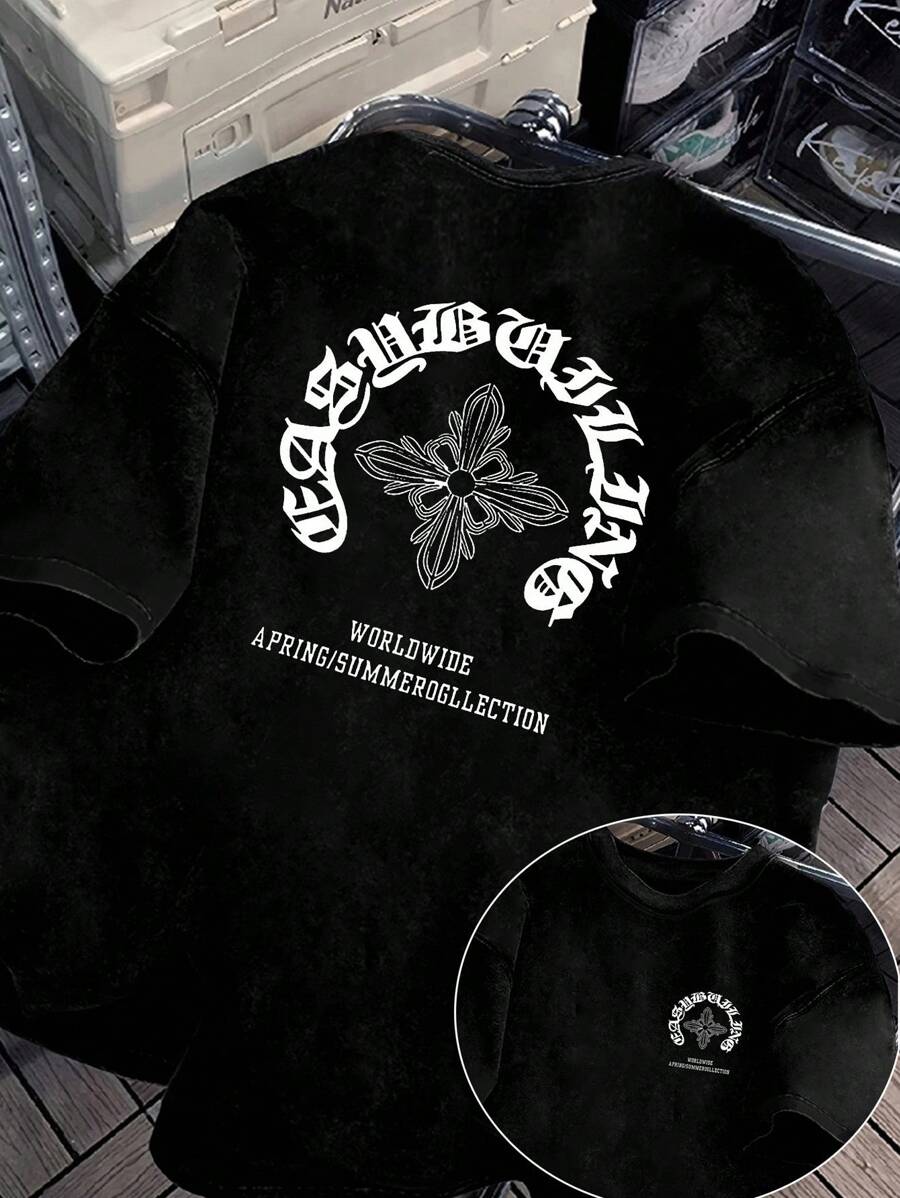 Manfinity Men's Standard Size T-Shirt With Pentagram, American, Gothic, Butterfly Text, Street Fashion Print - Black - View 1