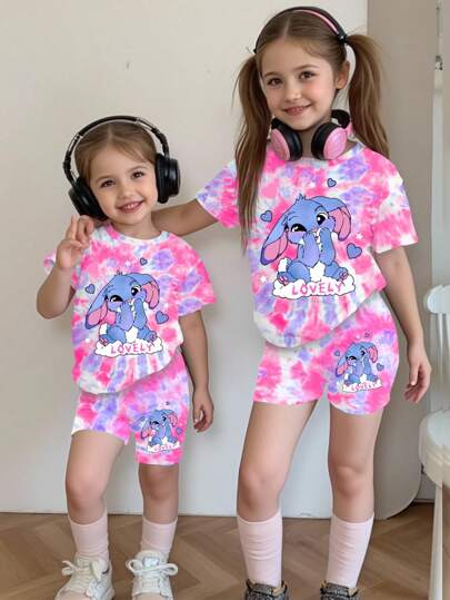 SHEIN 女宝宝可爱兔子卡通印花扎染圆领短袖T恤和针织打底裤可爱两件套，夏季