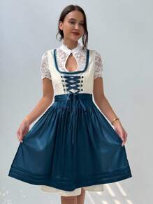 Aloruh 2025 新款啤酒节连衣裙巴伐利亚啤酒节传统服装绿色女式连衣裙蕾丝连衣裙啤酒节连衣裙女式波尔卡圆点印花拼布花卉刺绣网眼下摆无袖优雅连衣裙 - 藍色 - 查看 10