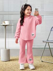 SHEIN Bộ 2 áo hoodie và quần nỉ có viền bất đối xứng cho bé gái - Xám - Xem 4