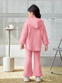 SHEIN Bộ 2 áo hoodie và quần nỉ có viền bất đối xứng cho bé gái - Xám - Xem 7
