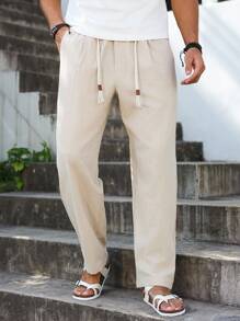 Manfinity RSRT 男士长款纯色卡其色梭织面料裤子，宽松版型，实用口袋，男士休闲裤，宽松直筒裤，抽绳裤，米色亚麻裤，男士亚麻裤，秋季