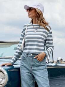 EURMUSE Striped Print Drop Shoulder Tee - Light Grey - View 3