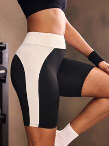 Powerista 撞色拼布高腰无缝运动短裤 - 黑與白 - 查看 6