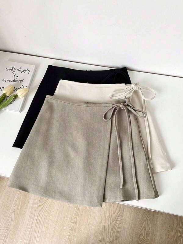 SHEIN Tall Casual Versatile Side Tie Asymmetrical Hem New Textured Woven Khaki Women's Skirt, Spring/Summer SummerHoliday Sunny Journey Vacay Vibes Casual Outfits Spring