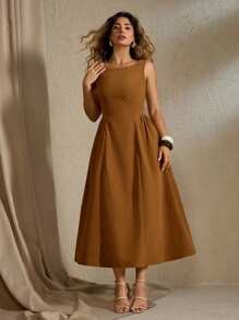 Roveilla Vestido plisado entallado de corte evasé en color liso para mujer de talla grande
