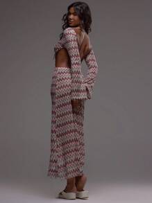 MUSERA Beige Autumn Boho Vacation Boat Neck Cut Out Long Sleeve Textured Patterned Crochet Striped Maxi Dress,Festival Holiday Beachwear Summer Ibiza Dress - Multicolor - View 2
