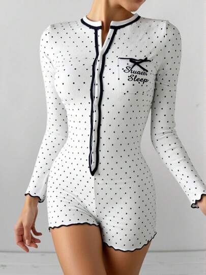 Women's Long Sleeve Shorts Jumpsuit, Polka Dot Element, Highlighting Playful Minimalist, Casual Versatile Style, Made Of High-Elastic Comfortable Soft Rib Fabric, Soft Wearing Feel, Highlighting Relaxed Homewear Pajama Romper For Women