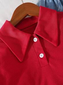 Genkimix Kids Conjunto de Moda Casual Diária Escolar para Meninas, Camisa de Manga Longa com Gola Polo Ajustada de Cor Sólida e Calça Denim de Perna Larga Solta com Cintura Elástica e Bordado de Cereja, Conjunto de Volta às Aulas, Todas as Estações - Vinho - Visão 4