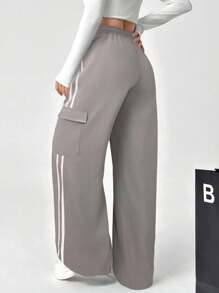 SHEIN EZwear 女式休闲灰色抽绳腰带条纹侧袋裤 - 灰色 - 查看 2