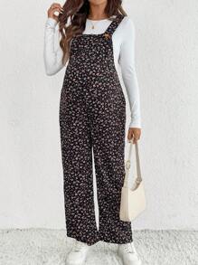 SHEIN Ropa de otoño, ropa de otoño, ropa de otoño para embarazadas, mono informal con diseño de botones con estampado floral y tirantes para mujeres embarazadas, peto de maternidad, monos de maternidad para mujeres, peto de maternidad con estampado floral, ropa de maternidad, ropa de embarazo, mono de maternidad con estampado floral