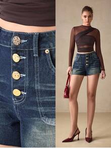 SHEIN BAE 女士夏季休闲水洗牛仔短裤 - 藍色 - 查看 1