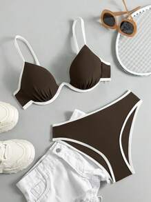 Swim Basics 2pcs/Set New Brown Steel Bra Strappy Back Tie Bow Elegant Sexy Bikini Swimsuit For Women For Summer Beach Vacation