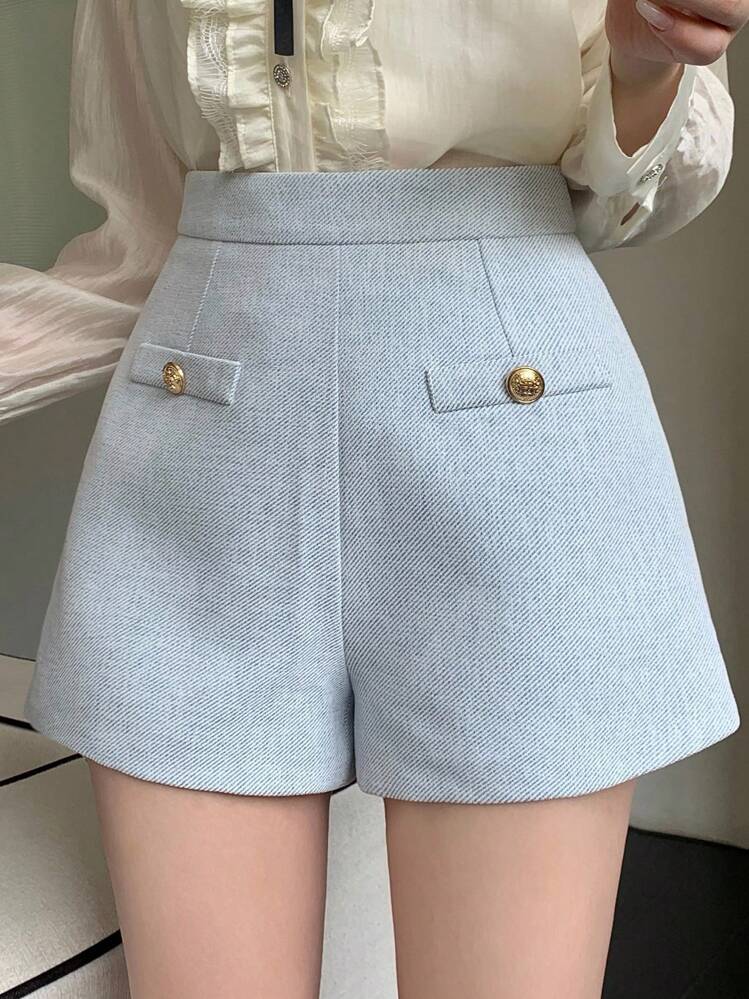 DAZY Pantalones cortos de mujer de unicolor con diseño de botones de metal, de estilo suelto y de moda - Celeste - Añade 3