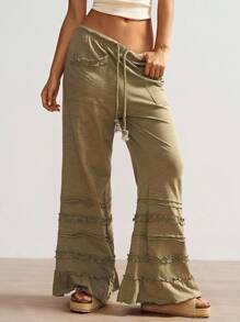 Bohemela Bohemian Style Solid Color High Waist Flared Knit Pants, Spring/Summer Ruffle Pants Boho Pants Bohemian Pants Tiered Ruffle Pants Women Ruffle Pants - Army Green - View 2