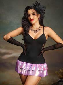 Vestido de sirena de satén con encaje floral de cintura baja y transparente, camisón sexy de mujer, negro, morado, estilo años 20, para salir - Morado - Ver 4