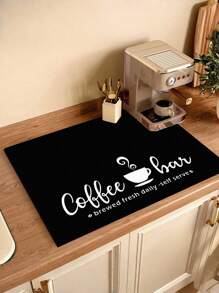 SHEIN 1 件家居装饰咖啡杯印花排水垫，新型吸水厨房台面干燥垫，厨房用具干燥垫 - 碗碟干燥垫，适用于厨房台面，适用于咖啡机、浓缩咖啡机等。 - 黑與白 - 查看 1