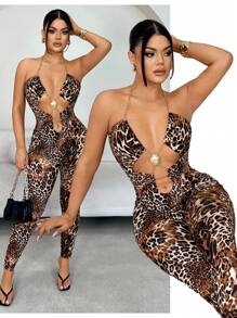 SHEIN SXY Bộ đồ liền thân in họa tiết da báo và xích kim loại rỗng gợi cảm - Nhiều màu - Xem 3