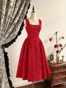 Vintamour 复古优雅女装春夏修身无袖连衣裙提花面料拼布伞形下摆连衣裙白色连衣裙 - 紅色 - 查看 4