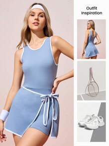 CourtClass 女式无袖不对称下摆系腰运动连衣裙 - 淺藍色 - 查看 6