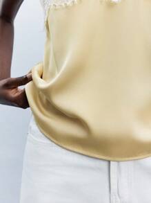 Maija Yellow Spaghetti Strap Cami With Lace Detail And Plant-Inspired Pattern,Fall Women Clothes,Halloween,Autumn, Christmas Women's Clothing  Christmas Pajamas Family