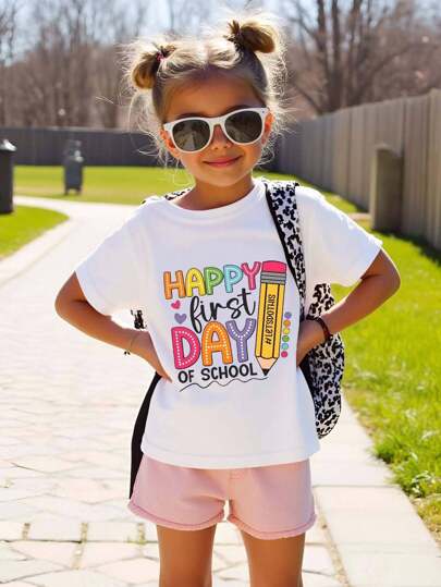 SHEIN Young Girls "Happy First Day Of School" Print Round Neck Short Sleeve White T-Shirt, Suitable For Back To School Season, Summer Summer Holiday
