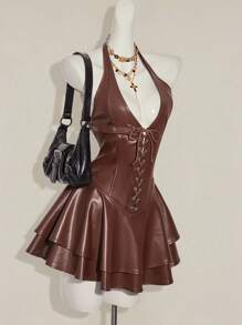 SHEIN ICON Women's Y2k Fashionable Gyaru Concert Women Outfit Club Party Festival Rave Outfit Y2k Going Out Cross Strap PU Leather Open Back Mini Halter Black Dress