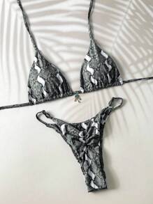 SHEIN 2 件套夏季假日动物印花随机图案吊带露背三角杯文胸和比基尼泳裤性感女士泳衣套装 - 灰色 - 查看 1