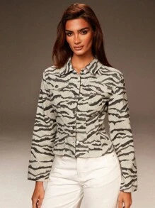 Athîral Women's Casual Zebra Print Denim Jacket, Fall Women Clothes,Winter Jacket Women,Halloween Clothes - Khaki - View 4