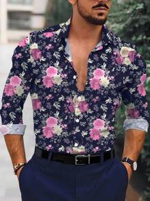 Manfinity Homme 男士休闲通勤花卉印花衬衫 - 紅色 - 查看 3