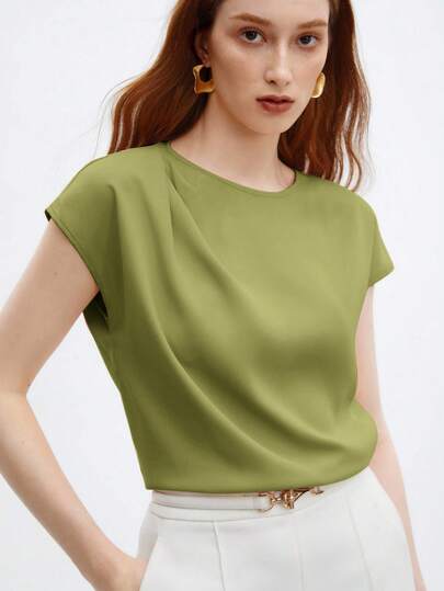 BizChic Blusa de satén de manga corta y holgada para mujer, versátil, elegante, urbana, para uso diario, romántica, estilo retro de los 90, adecuada para Navidad, Año Nuevo, San Valentín, fiestas, playa, graduación, moda, carnaval, vacaciones, invitada de boda, brunch, aeropuerto, multiocasión