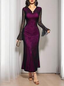 Modelyn Robe élégante femme avec manches en cloche en maille et jupe évasée