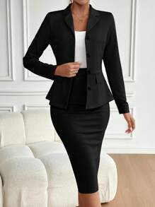 Lyxana Ladies' Single Breasted Long Sleeve Suit Jacket And Skirt Set