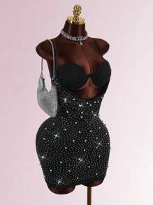 Amplova Đầm ôm sát cổ khoét sâu đính hạt và đá Rhinestone - màu đen - Xem 1