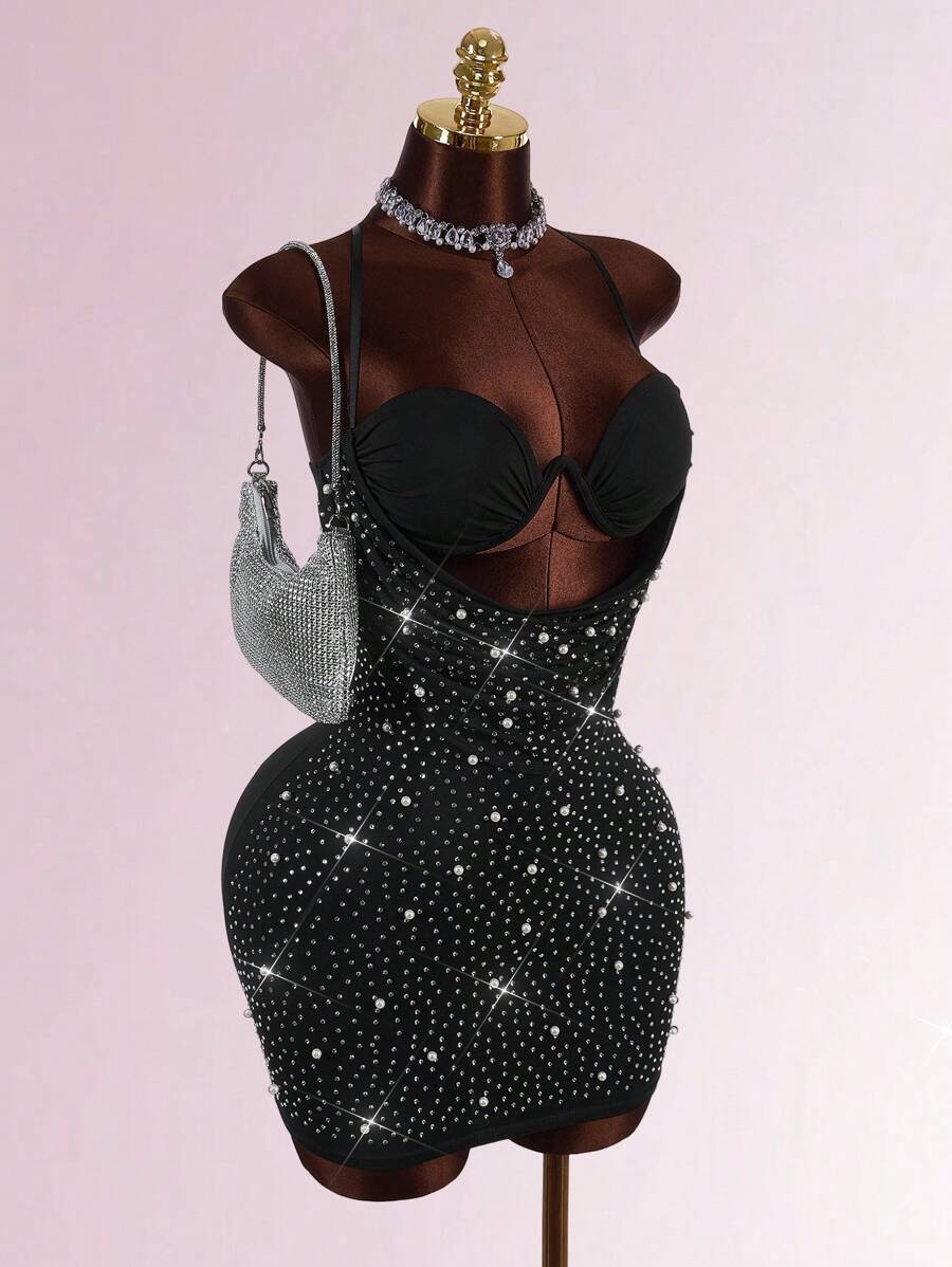 Amplova Đầm ôm sát cổ khoét sâu đính hạt và đá Rhinestone - màu đen - Xem 1
