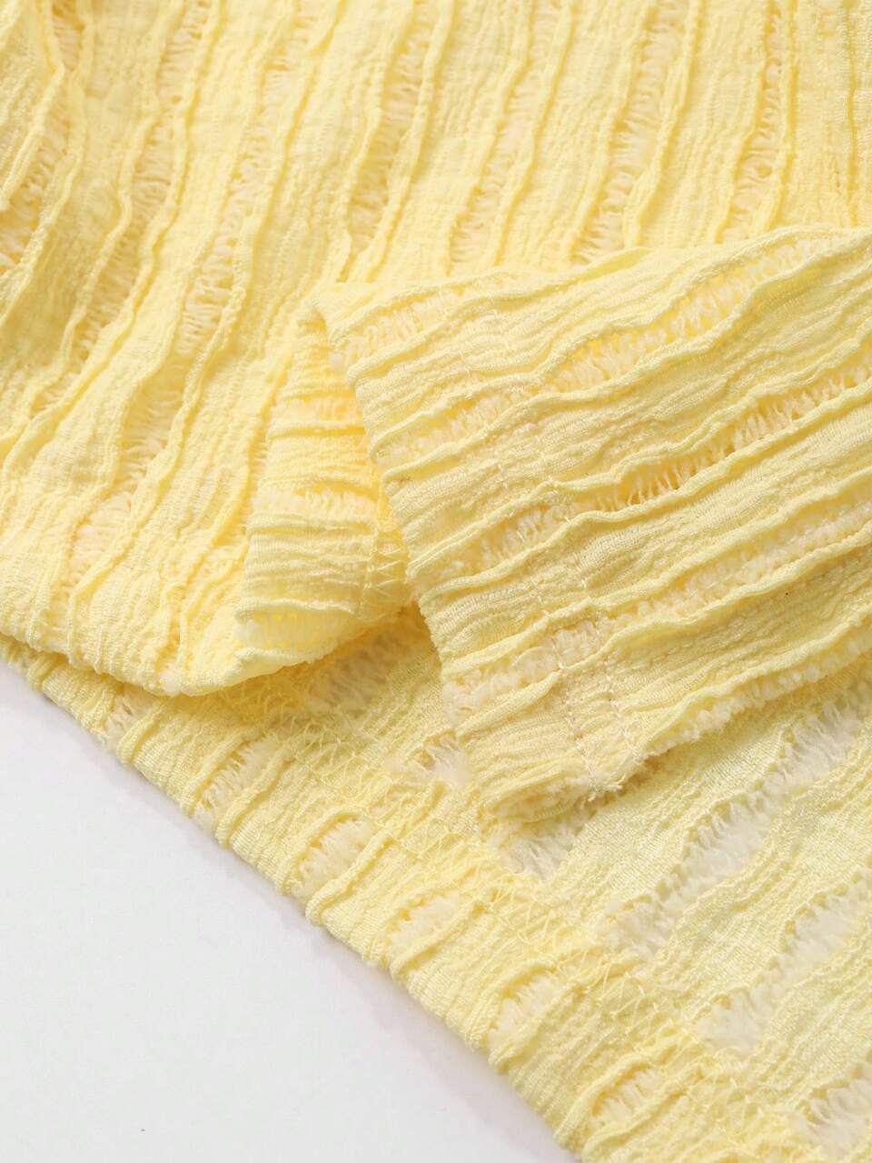 Cream Yellow Textured Short Cardigan Lace Blouse Top Lightweight Jacket For Women, Suitable For Autumn, Spring & Summer,Fall Women Clothes