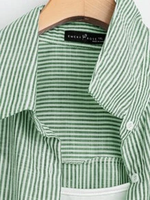 Rusticease Plus Size Long Sleeve Casual Striped Shirt,Fall Women Clothes Green - Dark Green - View 4