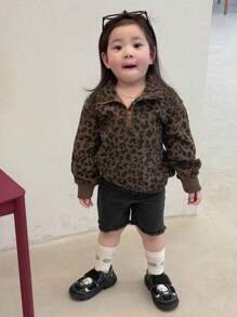 DAZY 女婴豹纹长袖休闲连帽衫，幼儿秋装