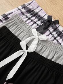 Conjunto de 3 piezas de pantalones de pijama con estampado de letras, cuadros y unicolor para mujer, ropa de otoño e invierno - Multicolor - Ver 7