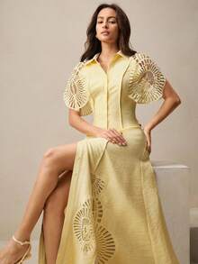 Anewsta Women's Single-Breasted Hollow-Out Patchwork Long Shirt Dress