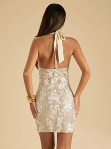 SHEIN BAE 夏季女式亮片挂脖金属扣装饰紧身修身迷你连衣裙 - 白色 - 查看 2